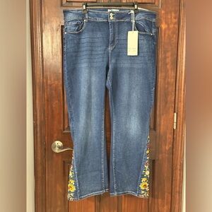 Blue Savy Floral Embroidered Bootcut High Rise Jeans-BOHO Size:22W